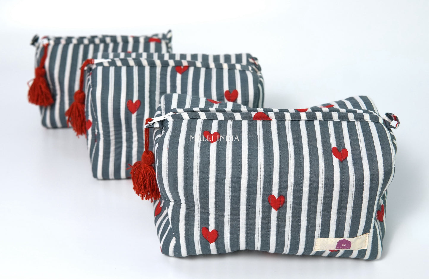 Set of 3 Vanity Pouches - Mini hearts on grey stripes