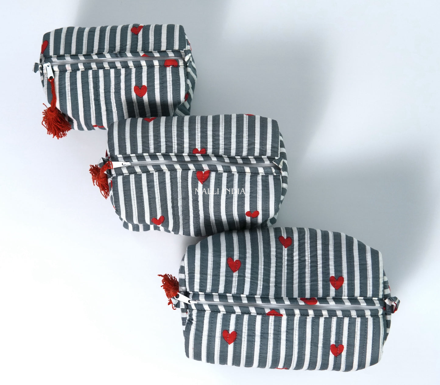 Set of 3 Vanity Pouches - Mini hearts on grey stripes