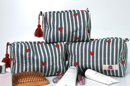 Set of 3 Vanity Pouches - Mini hearts on grey stripes