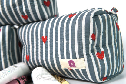 Set of 3 Vanity Pouches - Mini hearts on grey stripes