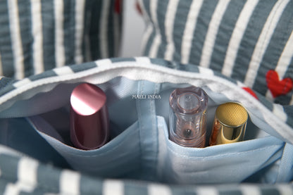 Set of 3 Vanity Pouches - Mini hearts on grey stripes