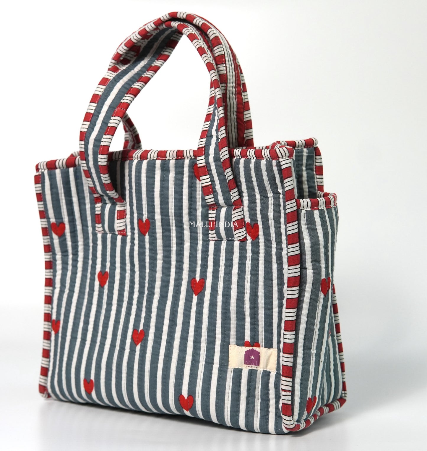 Lunch bag with zipper closure - Mini hearts on grey stripes