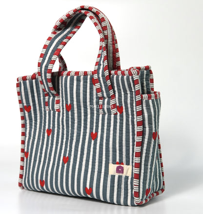 Lunch bag with zipper closure - Mini hearts on grey stripes
