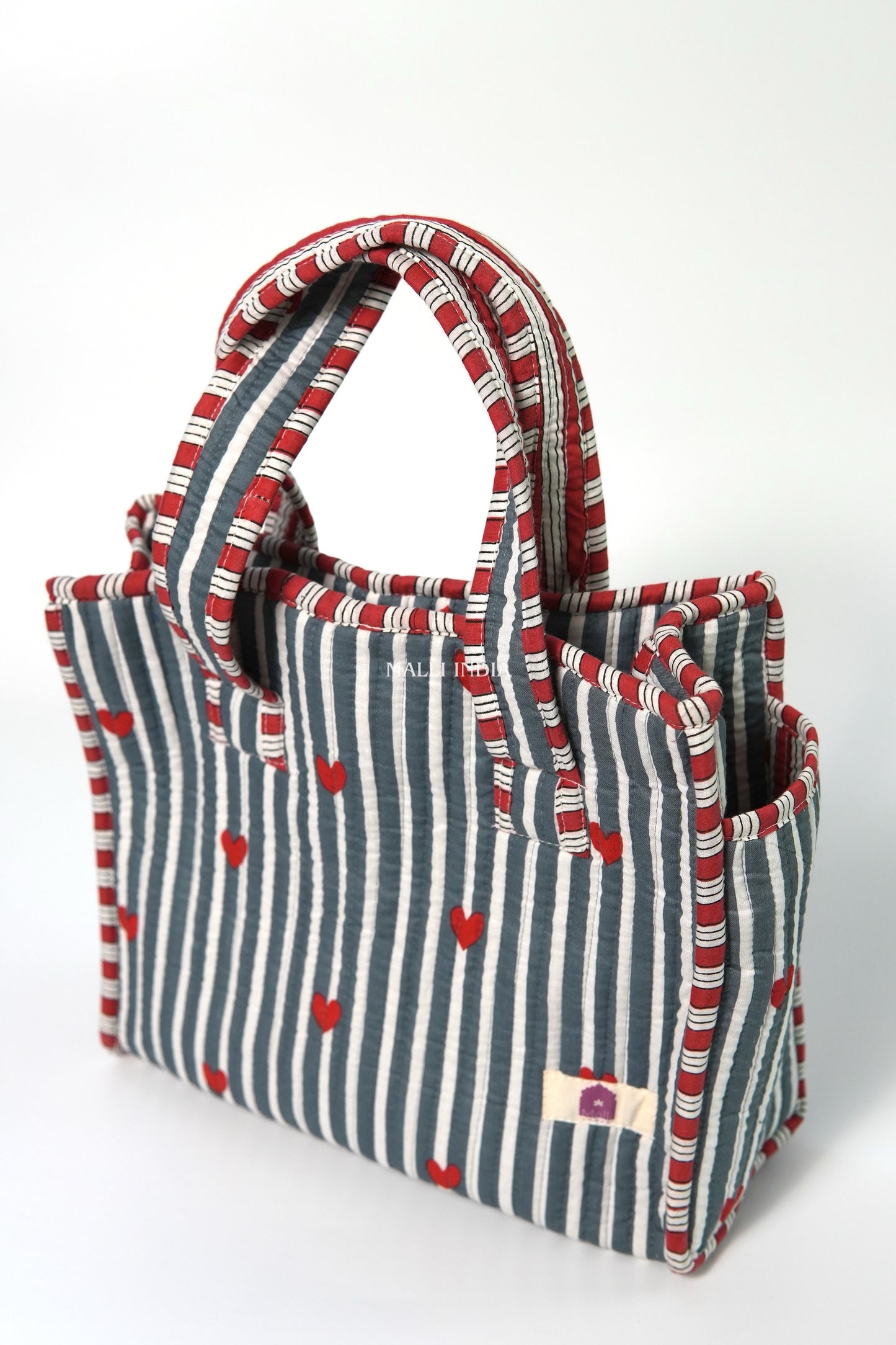 Lunch bag with zipper closure - Mini hearts on grey stripes