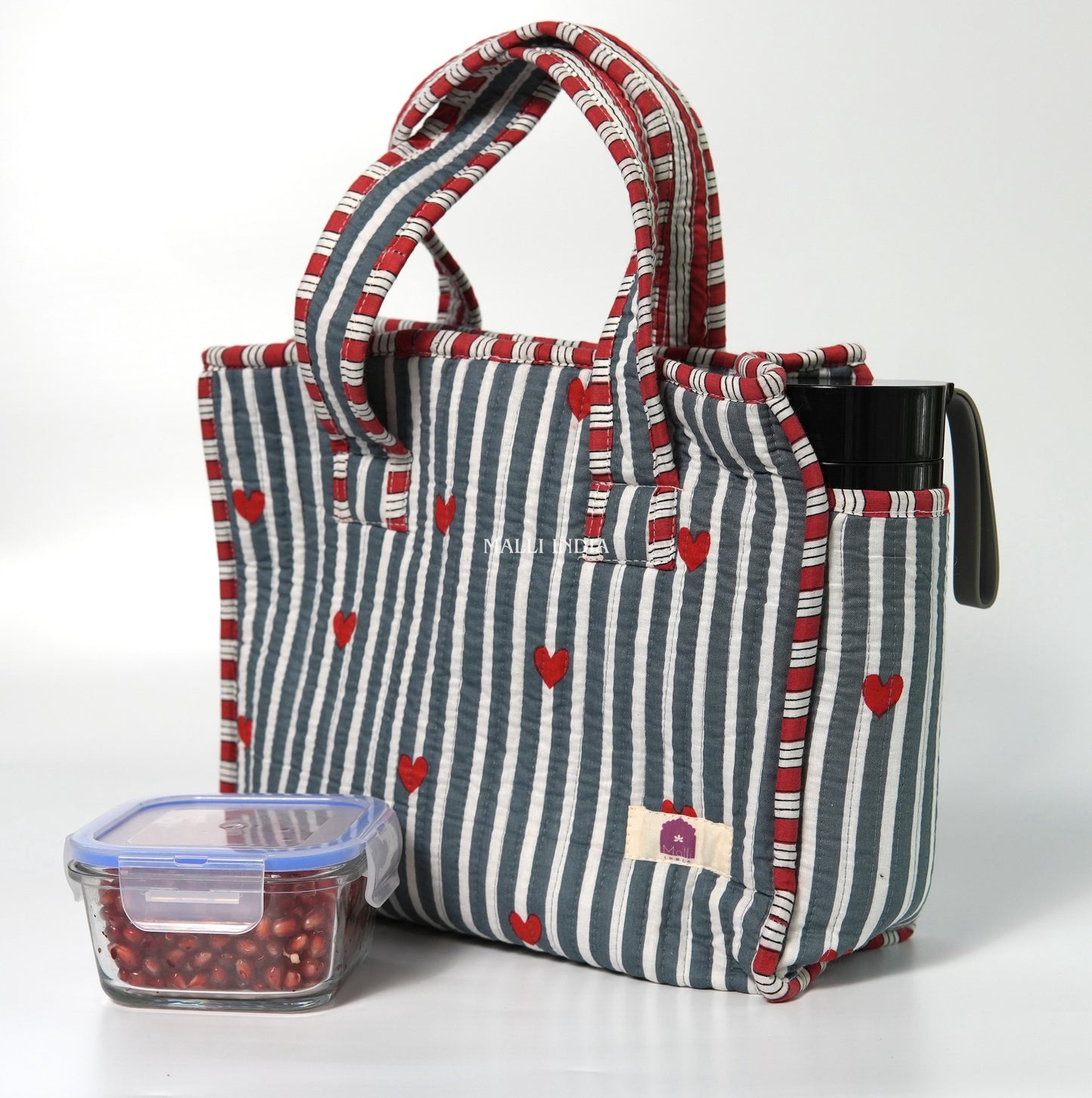 Lunch bag with zipper closure - Mini hearts on grey stripes