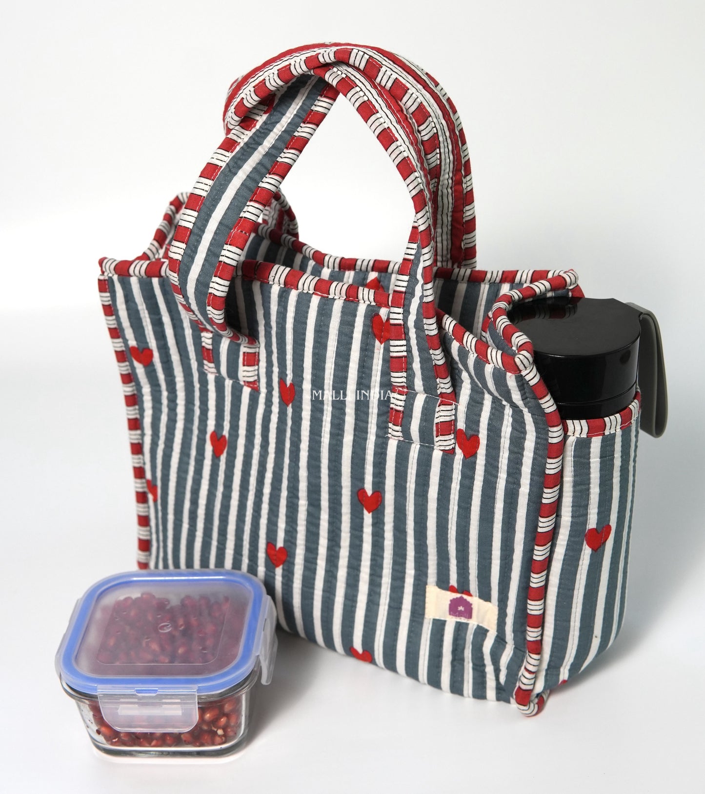 Lunch bag with zipper closure - Mini hearts on grey stripes