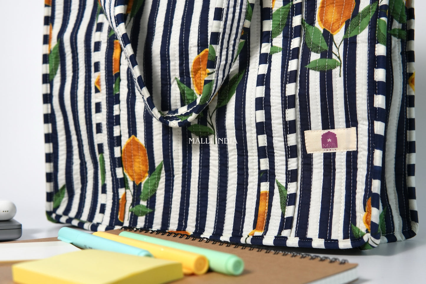 Travel tote bag with zipper closure - Lemons on dark blue stripes