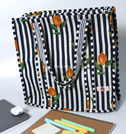 Travel tote bag with zipper closure - Lemons on dark blue stripes