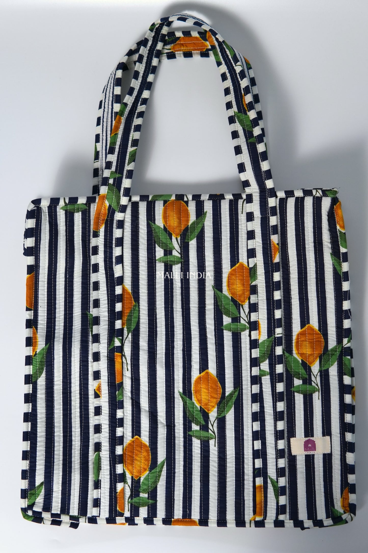 Travel tote bag with zipper closure - Lemons on dark blue stripes