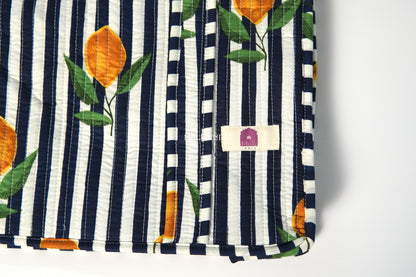 Travel tote bag with zipper closure - Lemons on dark blue stripes