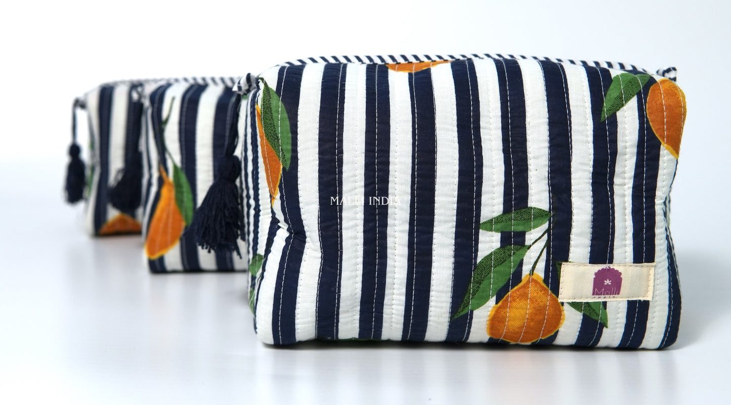 Set of 3 Vanity Pouches - Lemons on dark blue stripes