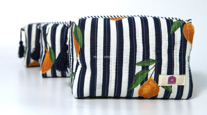Set of 3 Vanity Pouches - Lemons on dark blue stripes