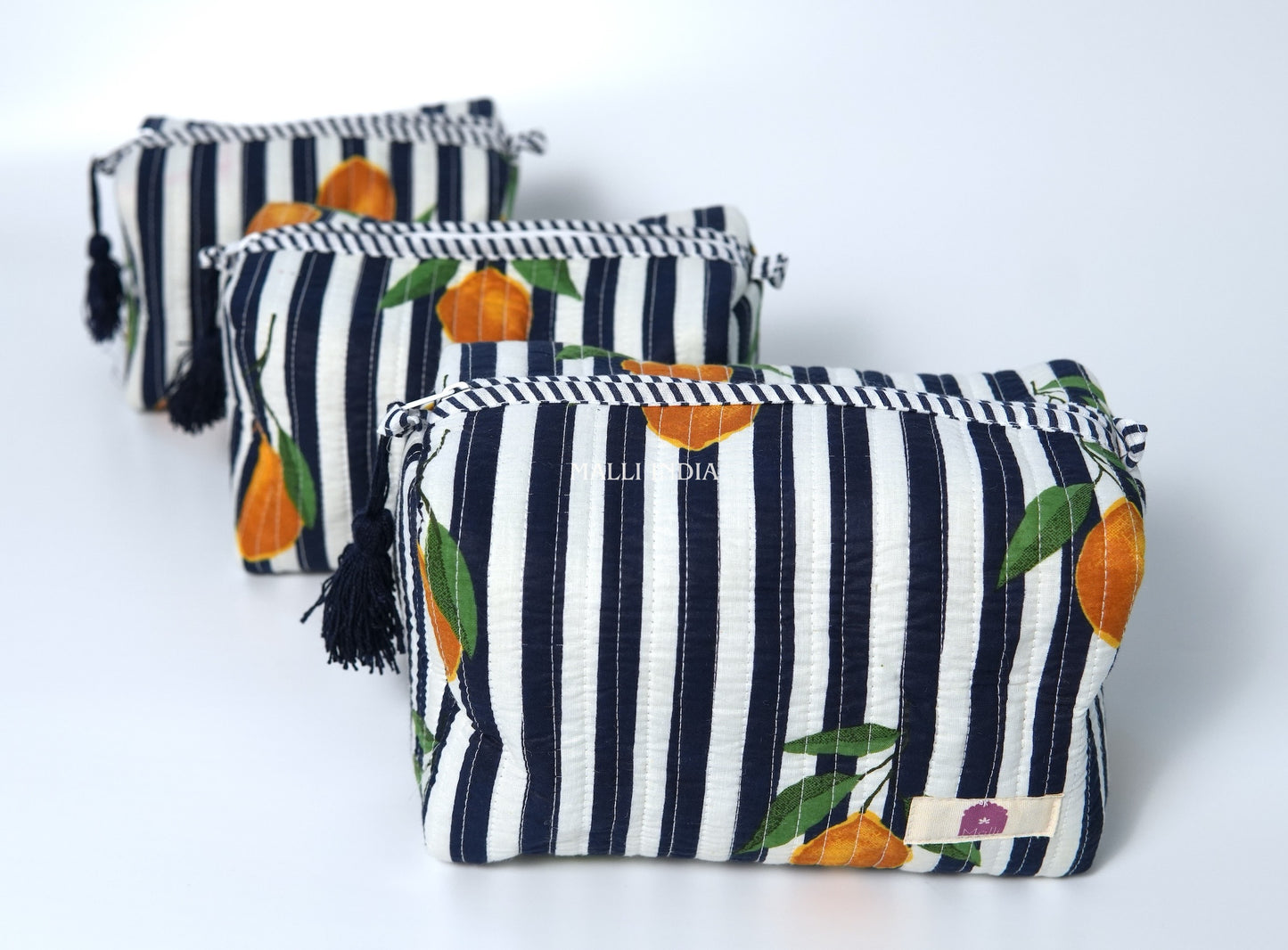 Set of 3 Vanity Pouches - Lemons on dark blue stripes