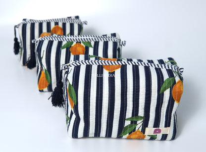 Set of 3 Vanity Pouches - Lemons on dark blue stripes