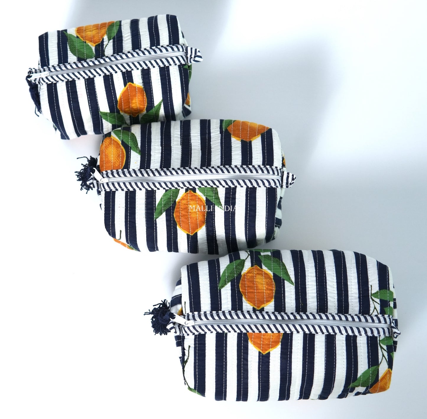 Set of 3 Vanity Pouches - Lemons on dark blue stripes