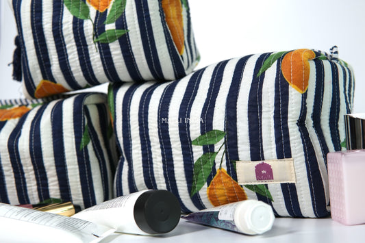 Set of 3 Vanity Pouches - Lemons on dark blue stripes