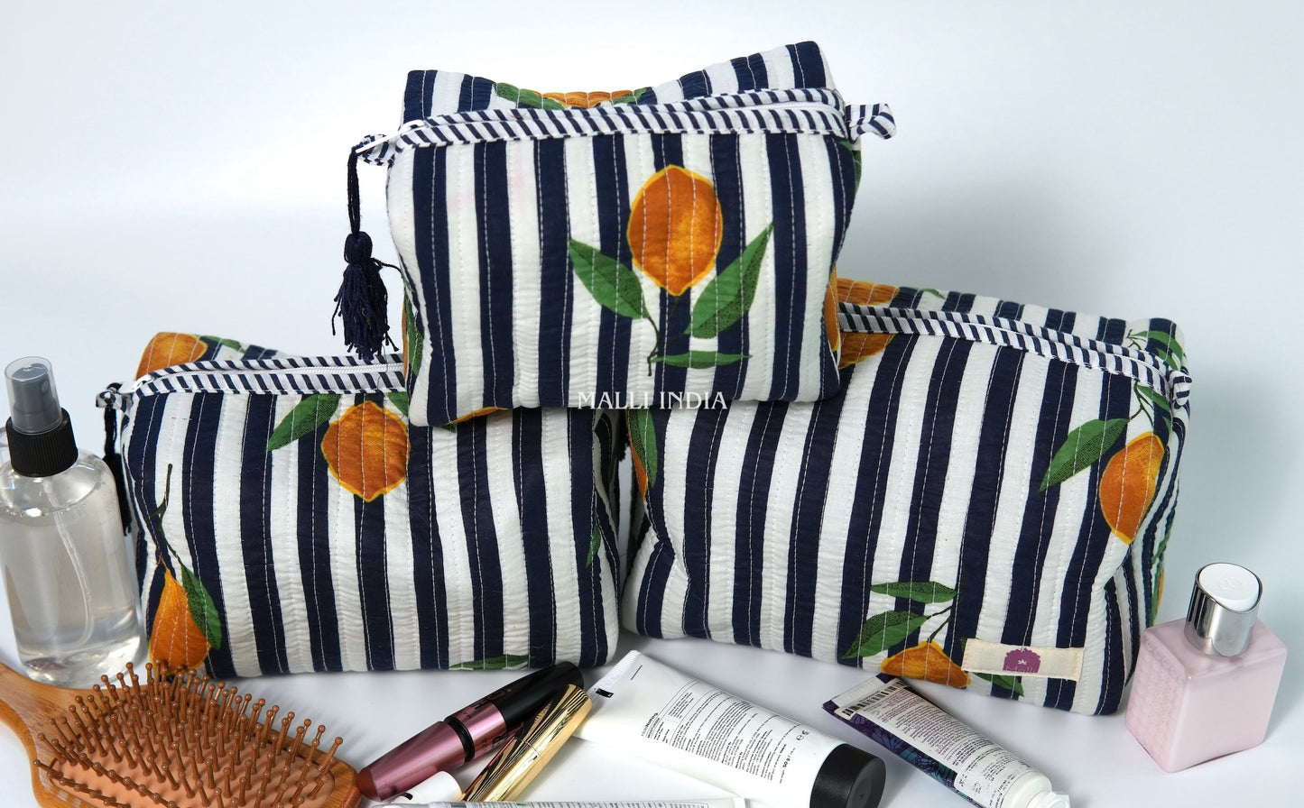 Set of 3 Vanity Pouches - Lemons on dark blue stripes