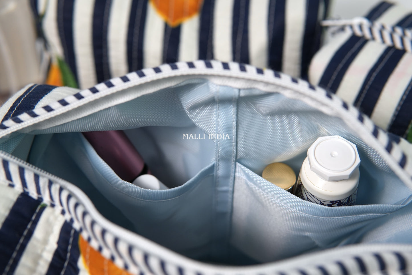 Set of 3 Vanity Pouches - Lemons on dark blue stripes