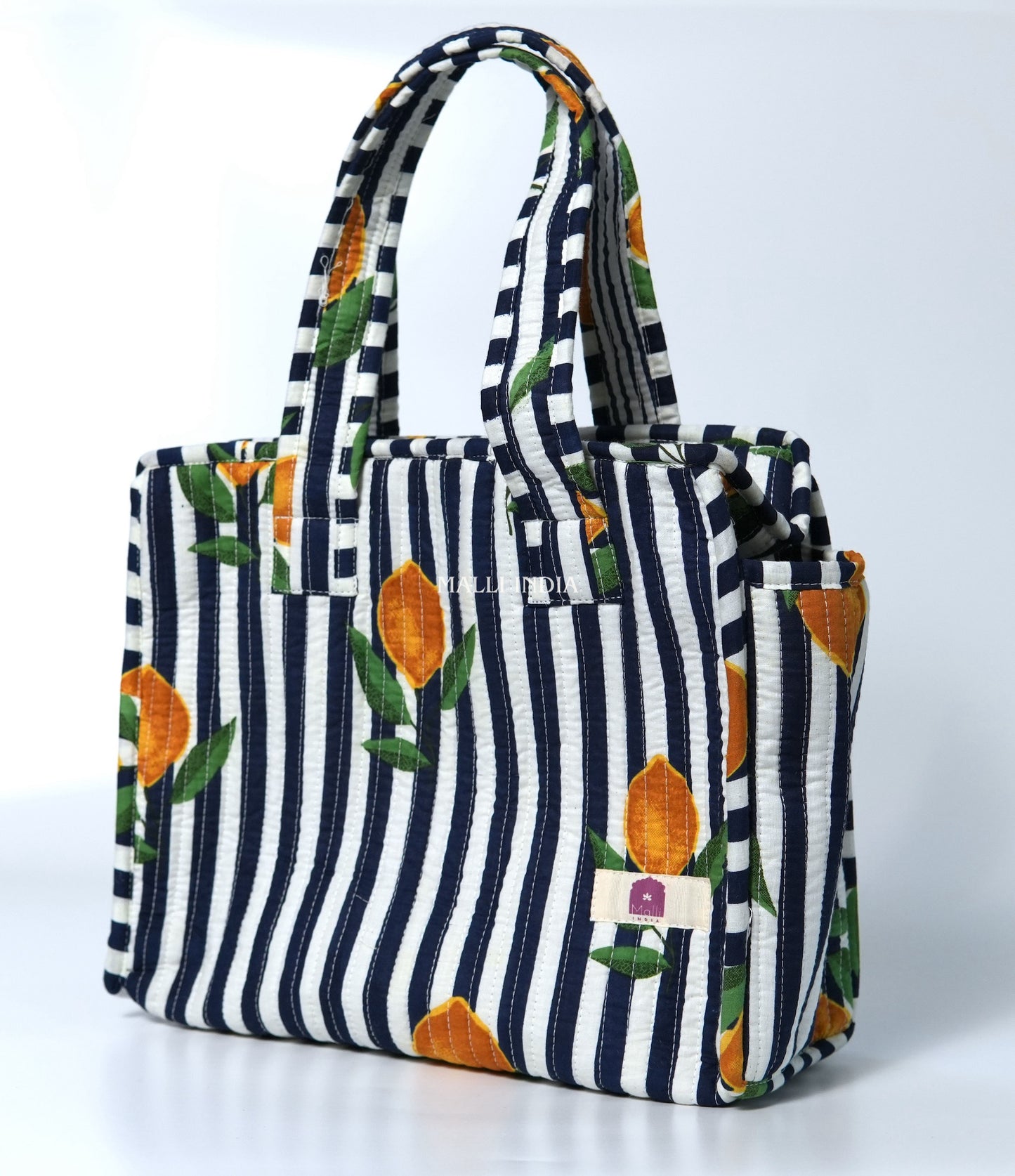 Lunch bag with zipper closure - Lemons on dark blue stripes