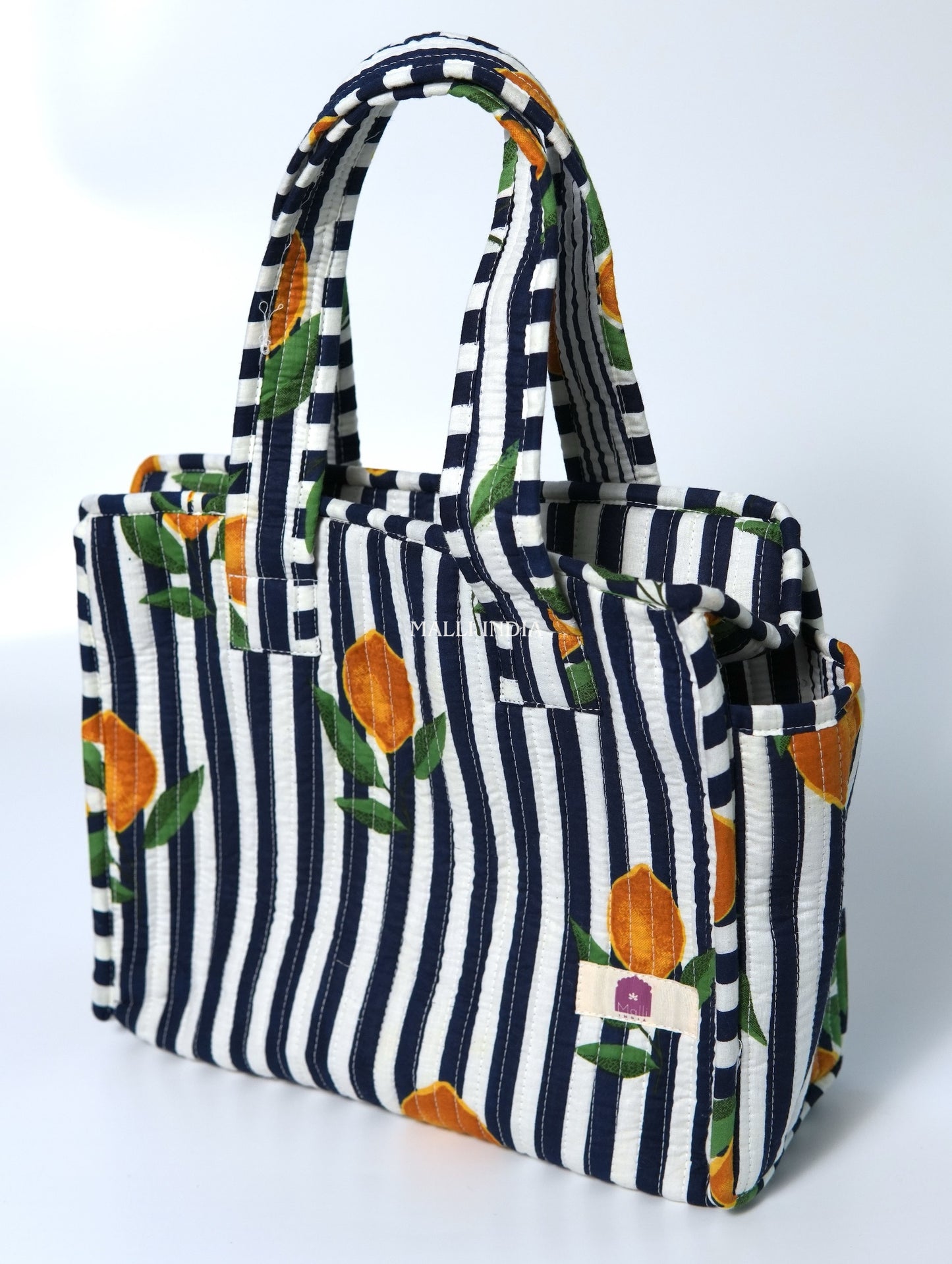 Lunch bag with zipper closure - Lemons on dark blue stripes