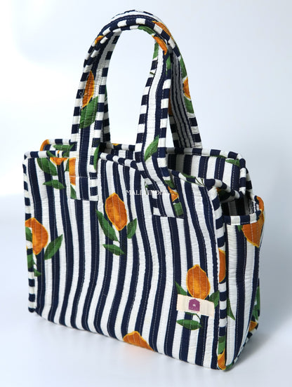 Lunch bag with zipper closure - Lemons on dark blue stripes