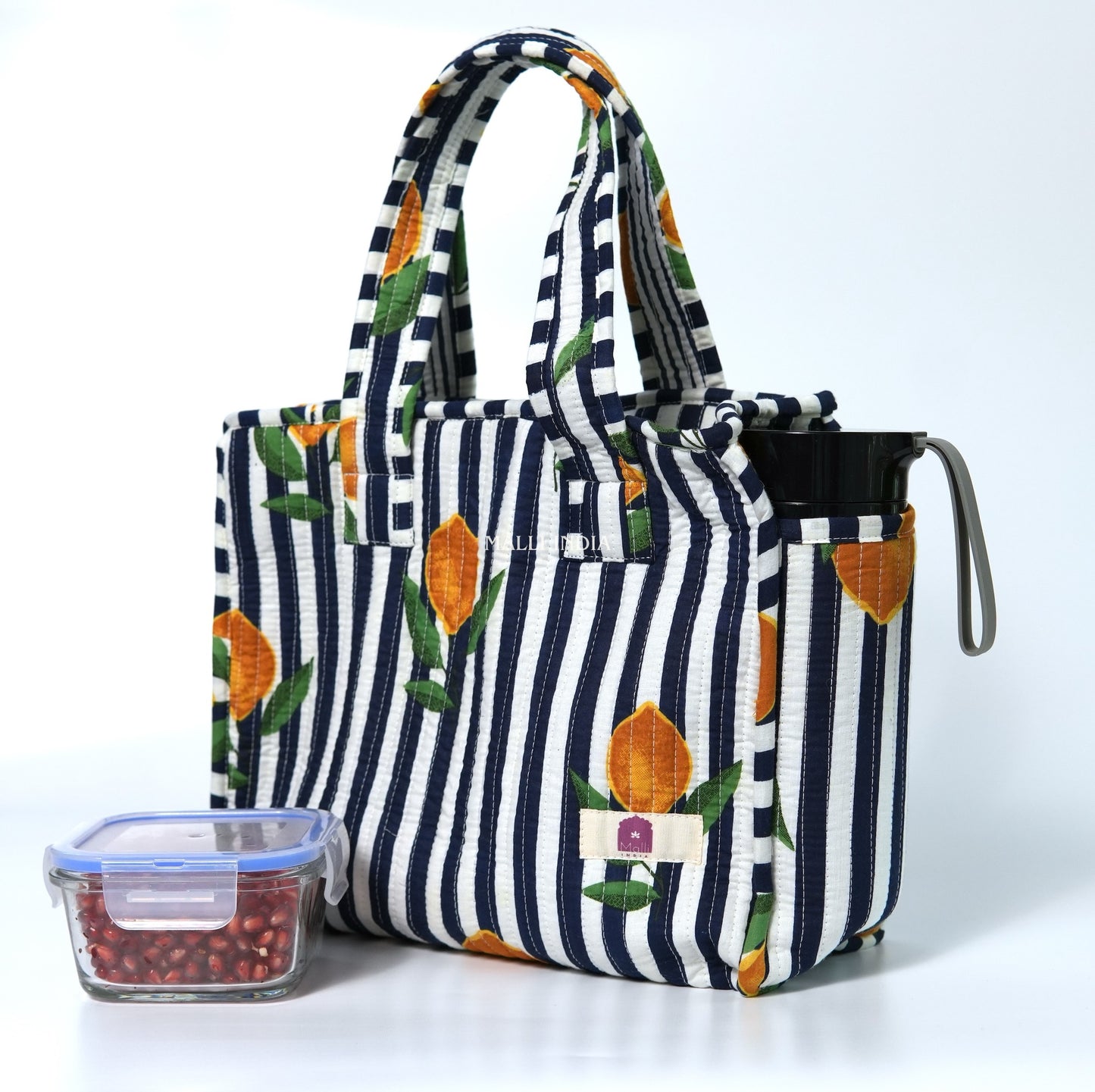 Lunch bag with zipper closure - Lemons on dark blue stripes