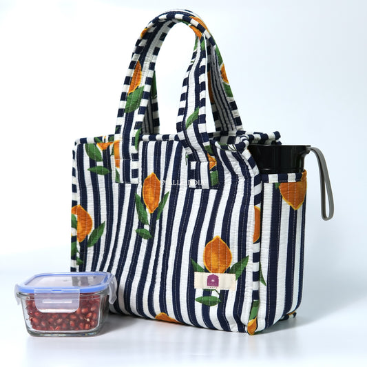 Lunch bag with zipper closure - Lemons on dark blue stripes
