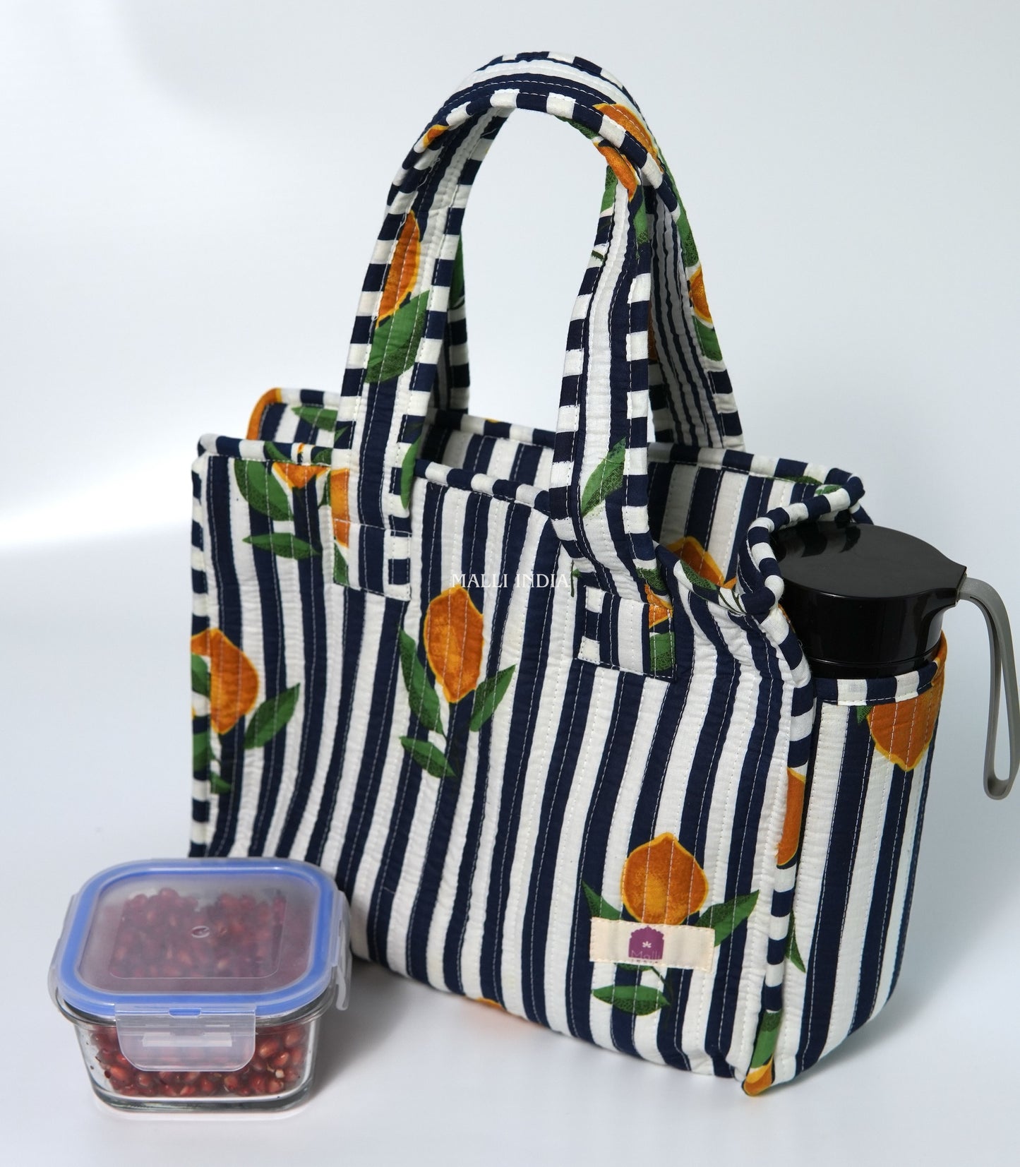 Lunch bag with zipper closure - Lemons on dark blue stripes