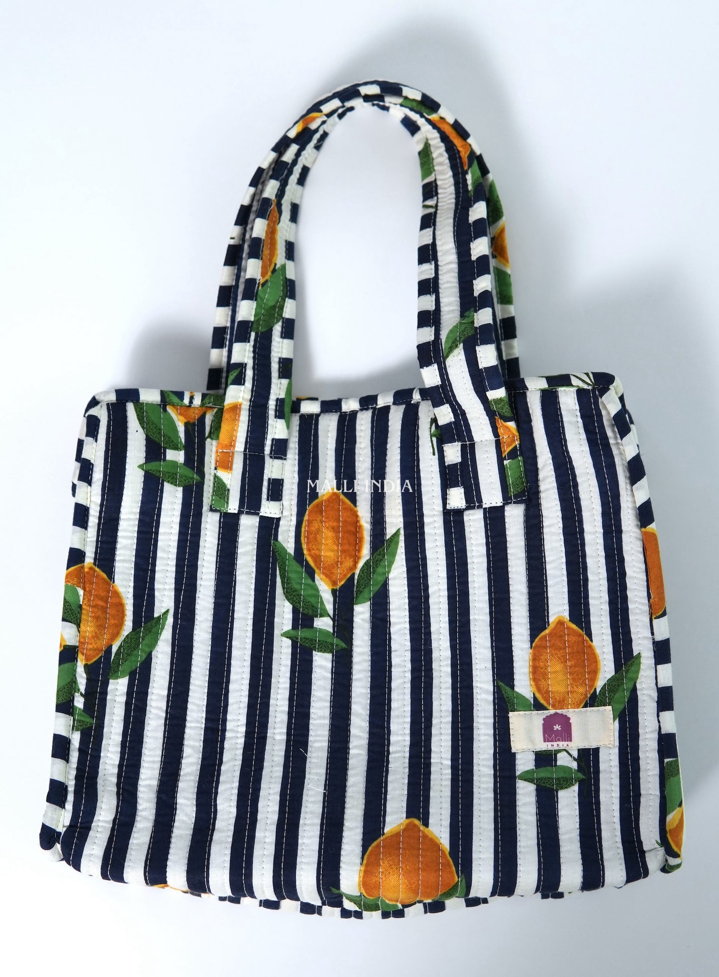 Lunch bag with zipper closure - Lemons on dark blue stripes
