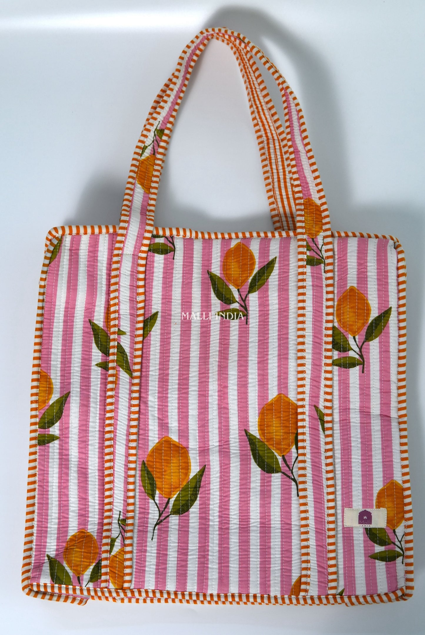Travel tote bag with zipper closure - Lemons on pink stripes