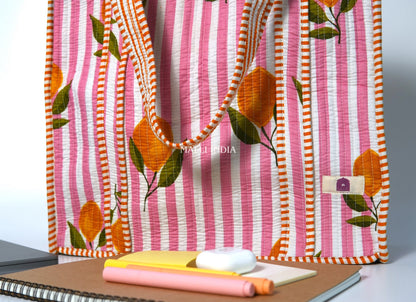 Travel tote bag with zipper closure - Lemons on pink stripes