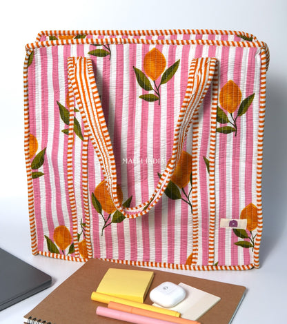Travel tote bag with zipper closure - Lemons on pink stripes