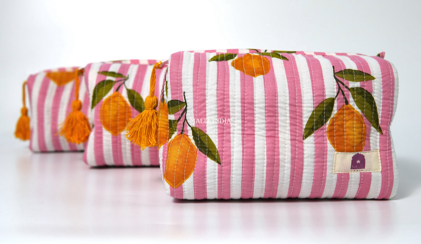 Set of 3 Vanity Pouches - Lemons on pink stripes