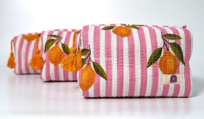 Set of 3 Vanity Pouches - Lemons on pink stripes