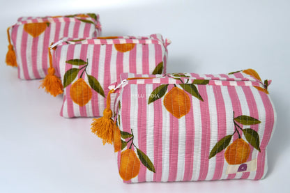 Set of 3 Vanity Pouches - Lemons on pink stripes
