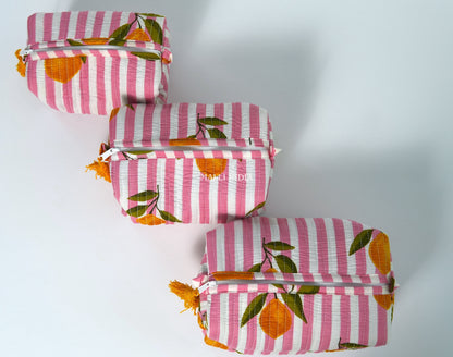Set of 3 Vanity Pouches - Lemons on pink stripes