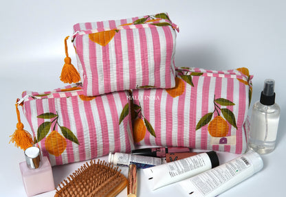 Set of 3 Vanity Pouches - Lemons on pink stripes