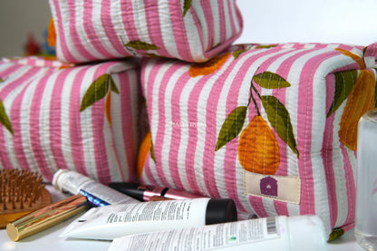 Set of 3 Vanity Pouches - Lemons on pink stripes