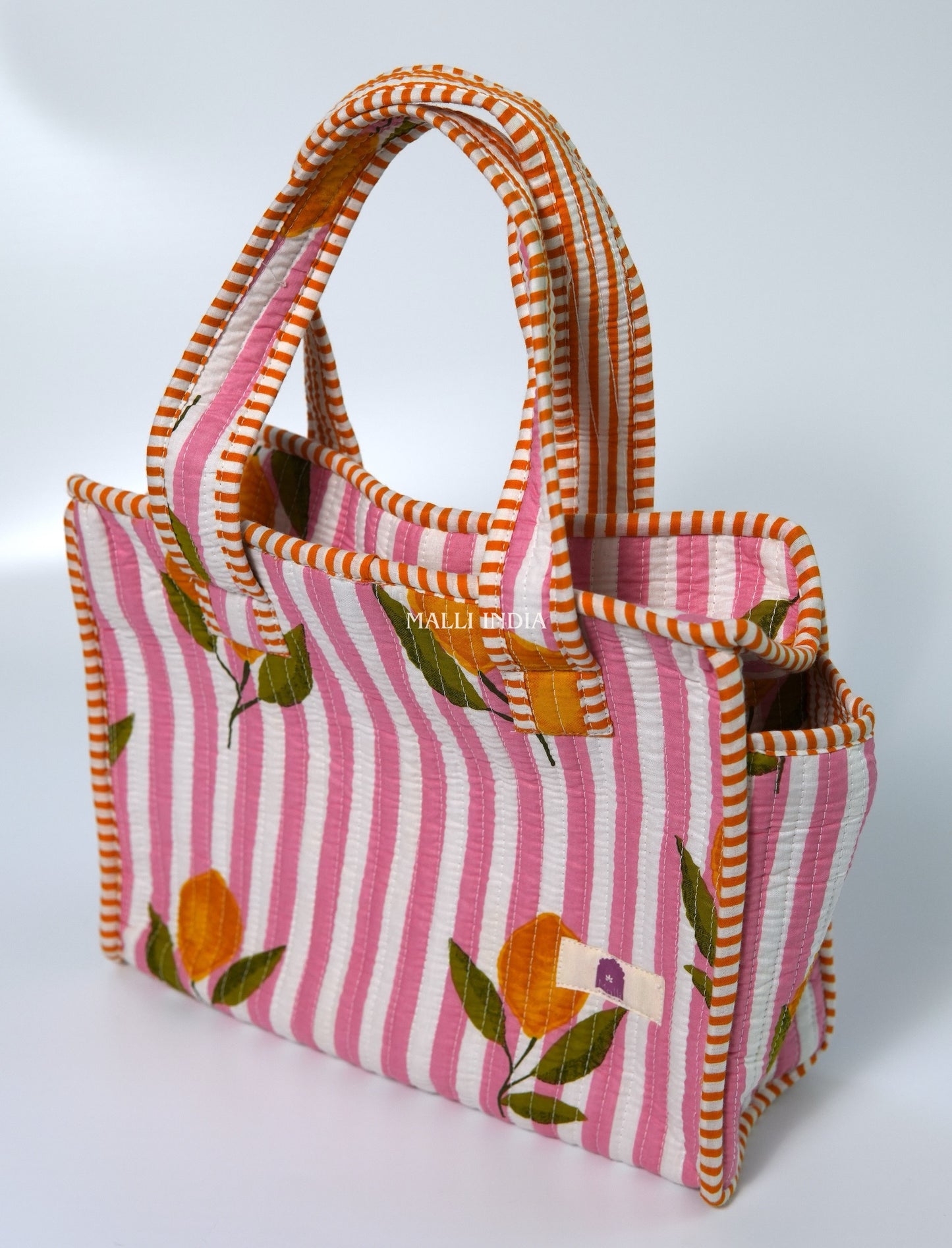 Lunch bag with zipper closure - Lemons on pink stripes