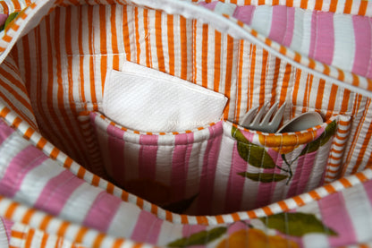 Lunch bag with zipper closure - Lemons on pink stripes