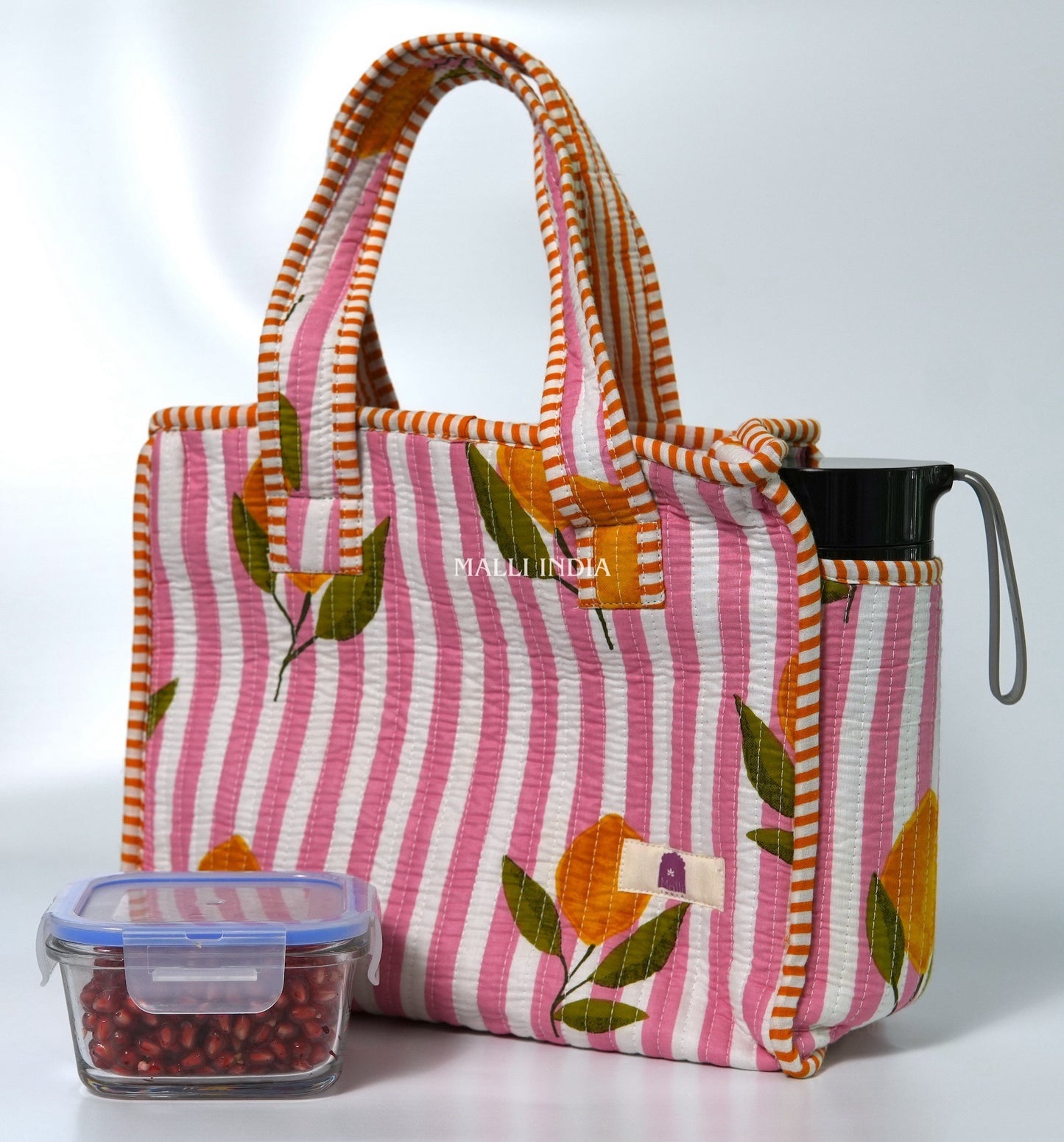 Lunch bag with zipper closure - Lemons on pink stripes