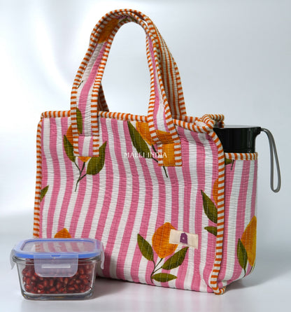 Lunch bag with zipper closure - Lemons on pink stripes