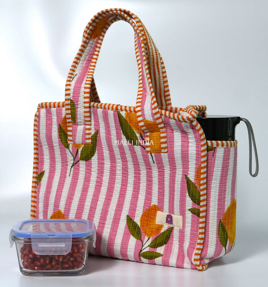 Lunch bag with zipper closure - Lemons on pink stripes