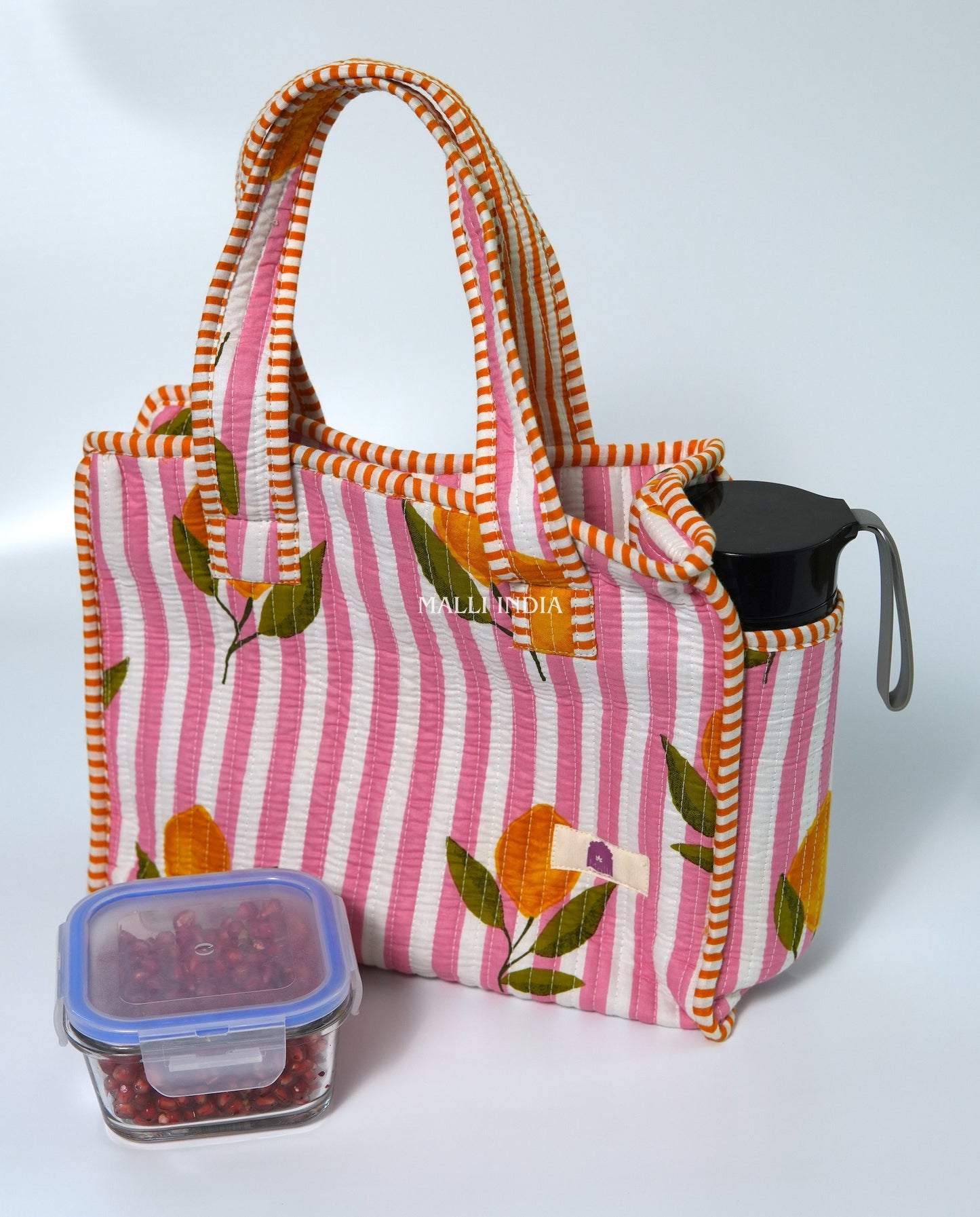 Lunch bag with zipper closure - Lemons on pink stripes
