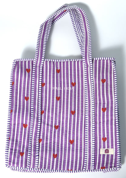 Travel tote bag with zipper closure - Mini hearts on purple stripes