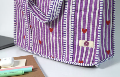 Travel tote bag with zipper closure - Mini hearts on purple stripes