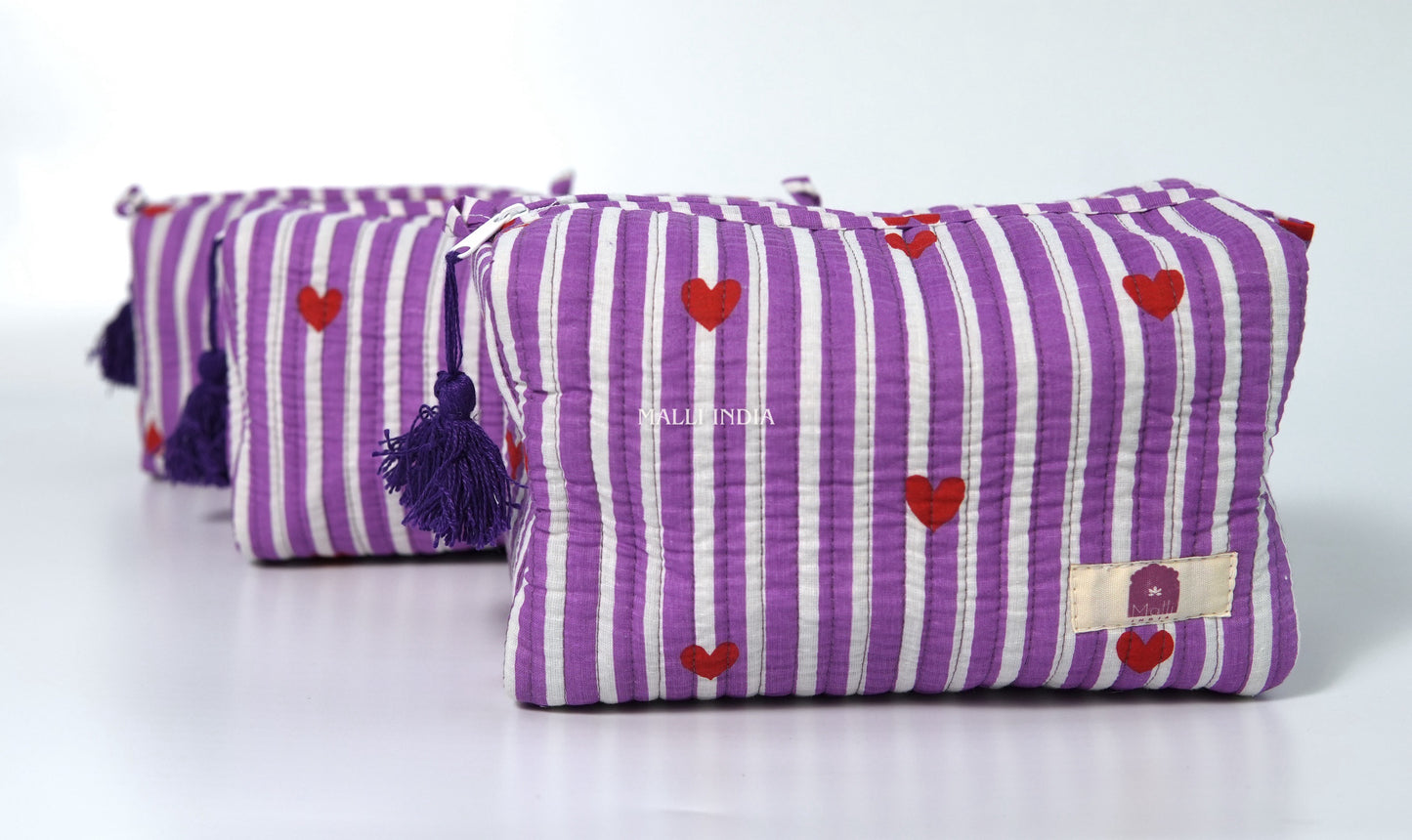 Set of 3 Vanity Pouches - Mini hearts on purple stripes