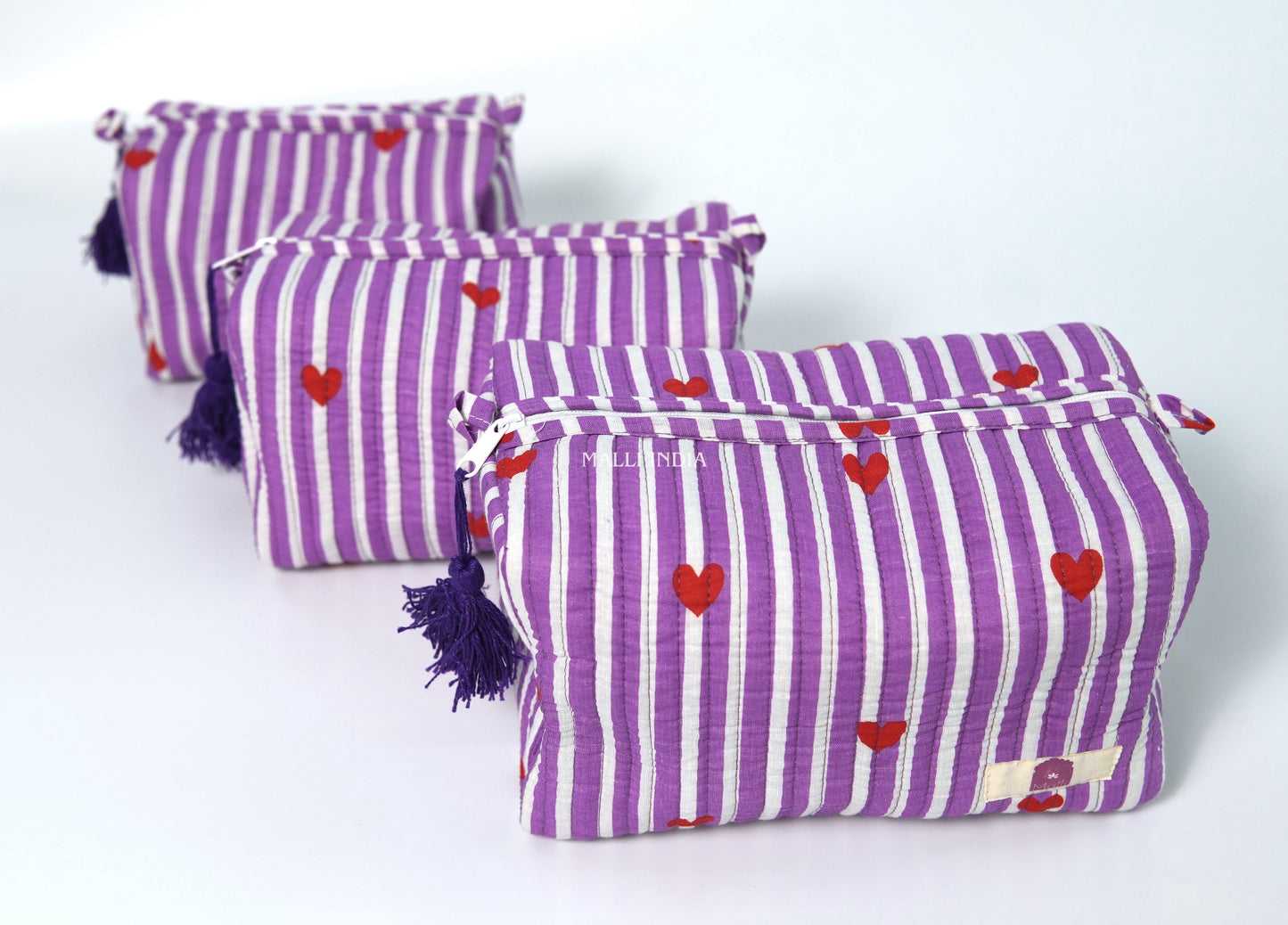 Set of 3 Vanity Pouches - Mini hearts on purple stripes