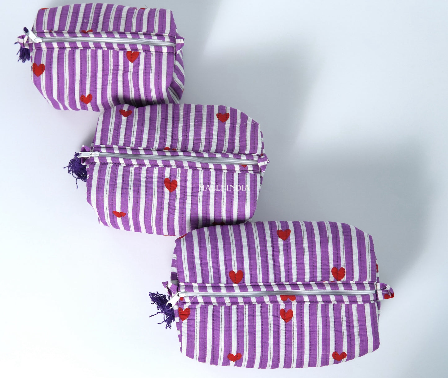 Set of 3 Vanity Pouches - Mini hearts on purple stripes