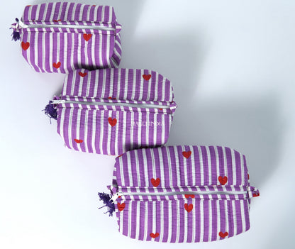 Set of 3 Vanity Pouches - Mini hearts on purple stripes